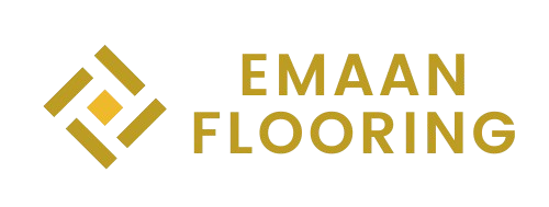 Logo of Emaan Flooring with a geometric design and text in gold, highlighting expertise in hardwood floor installation.